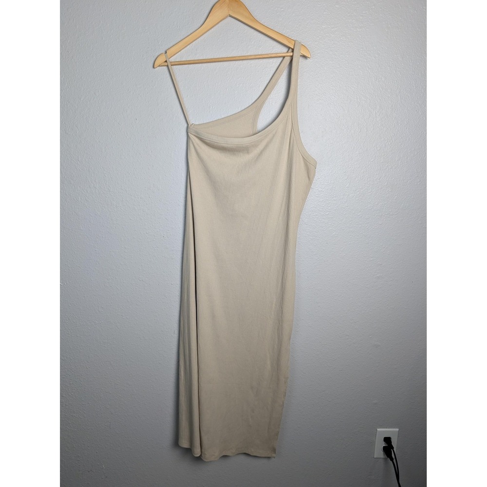 Aerie Dress Womens XL Beige Long Slip Dress One Shoulder Ribbed Knit Side Slit